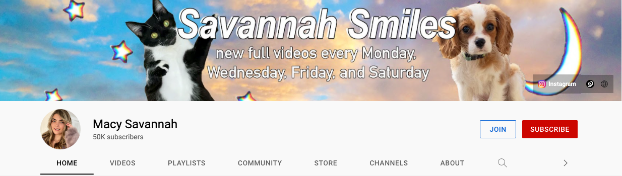 screenshot of Savannah Smiles YouTube channel 