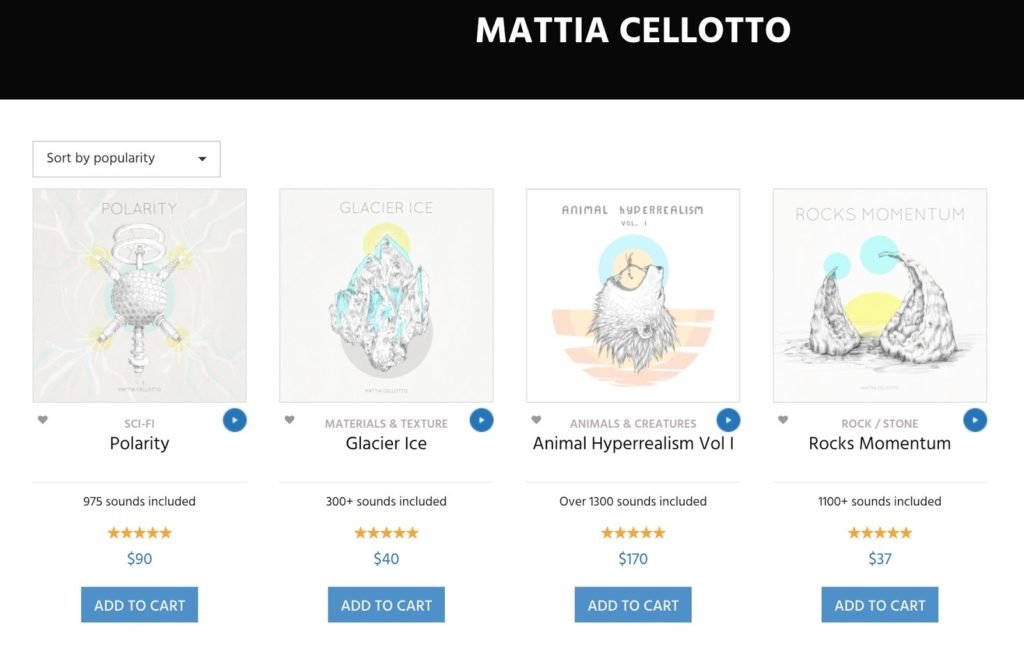 Example of stock audio digital products sold by Mattia Cellotto