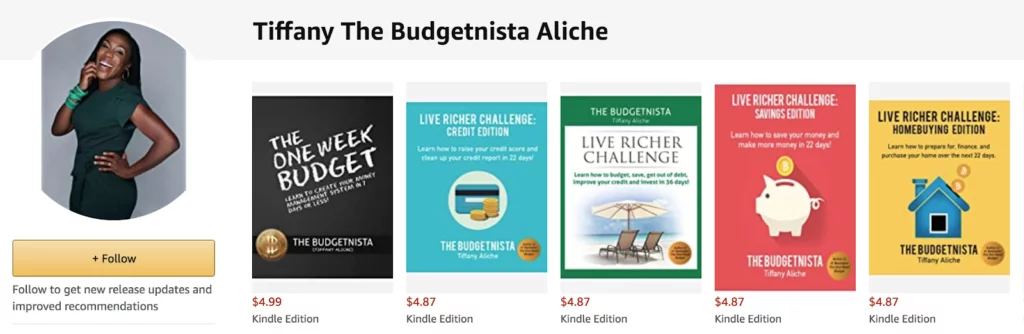 A screenshot of Tiffany Aliche (aka The Budgetnista)'s ebooks on Amazon as an example of a successful ebook seller
