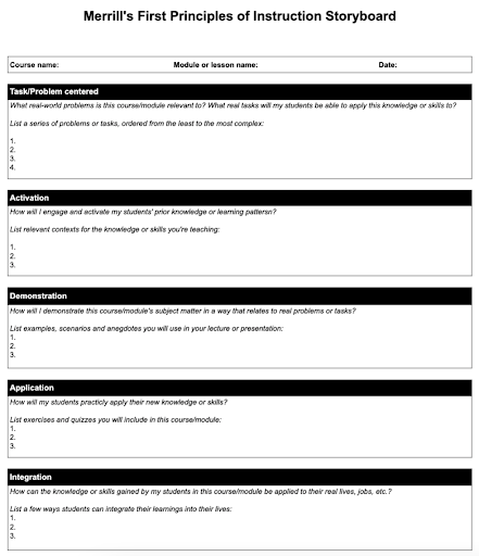 Fillable storyboard template for designing an online course with Merrill's first principles of instructional design
