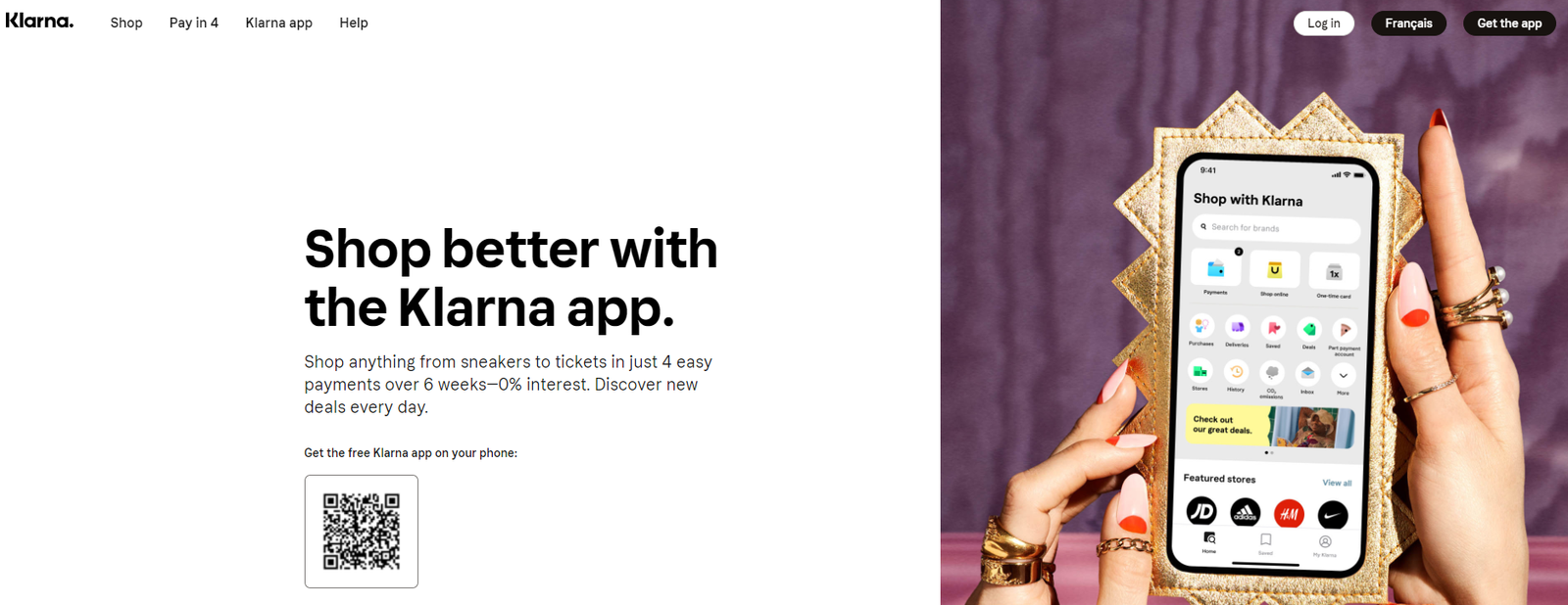 Klarna uses a button and QR code to "Get App" on their website 
