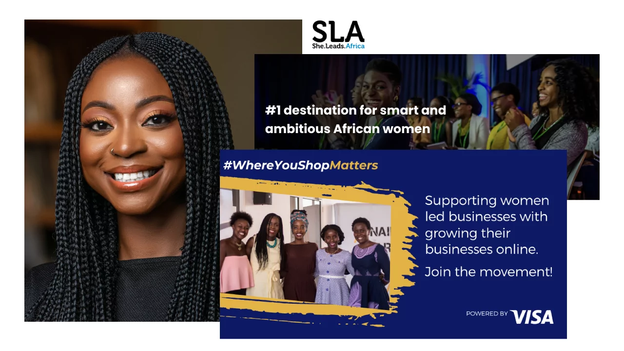 Photo collage featuring headshot photo of Afua Osei, She Leads Africa logo, screenshot of homepage, and an ad for a partnership the brand did with VISA