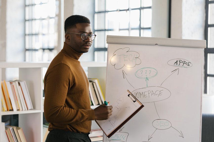 Young content marketing strategist showing a diagram written on a whiteboard. He is standing next to the flipchart and is holding a notebook with his notes and a marker.