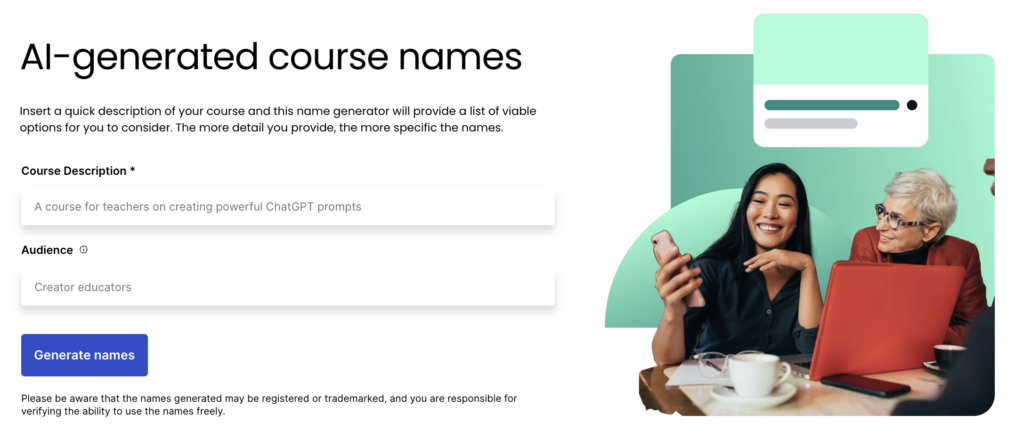 Screenshot of training/course name generator