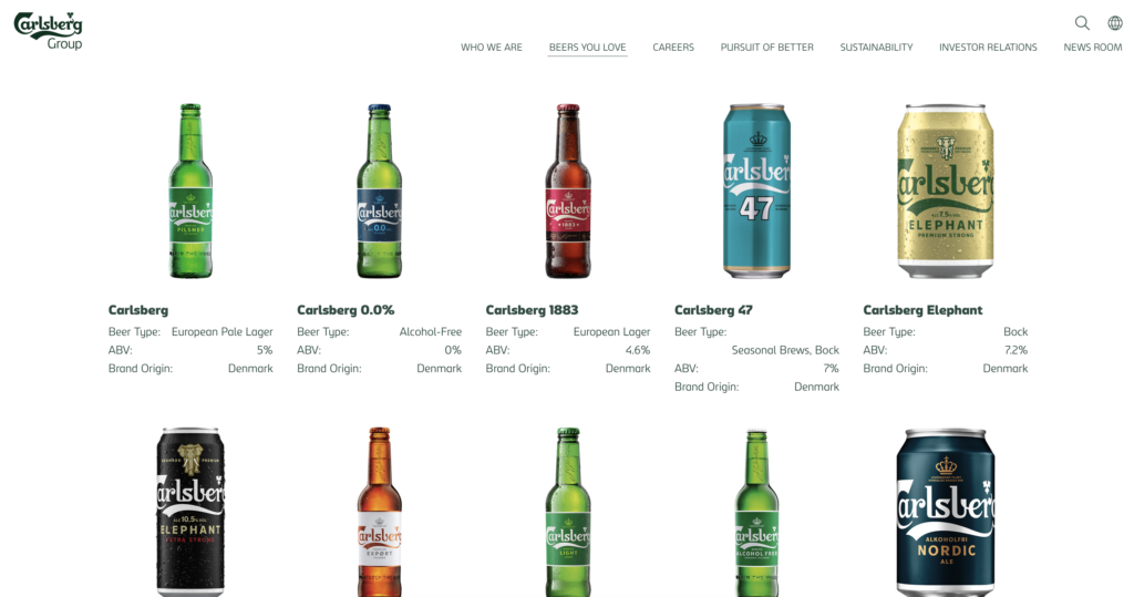 Screenshot of Carlsberg beers on website