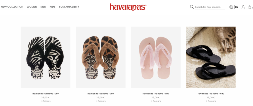 Screenshot of Havaianas website showing fluffy product range
