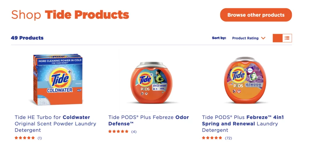 Screenshot of Tide website showing range of detergent products