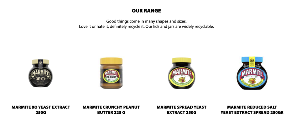 Screenshot of Marmite website showing range of products